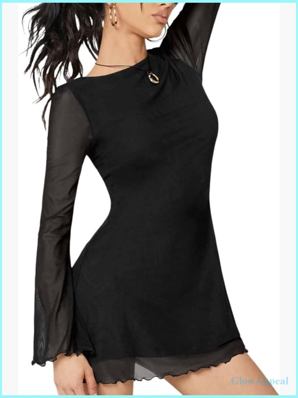 Boat Neck Mesh Long Bell Sleeve Mini Dress Y2k Going Out Short Dresses